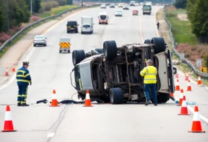 Overturned vehicle on a road with emergency services present.