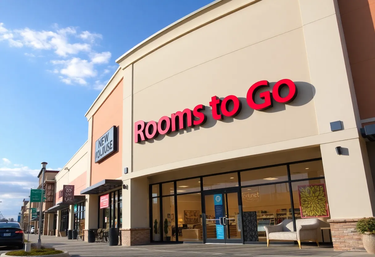 Exterior view of the new Rooms To Go furniture store in San Marcos, Texas.