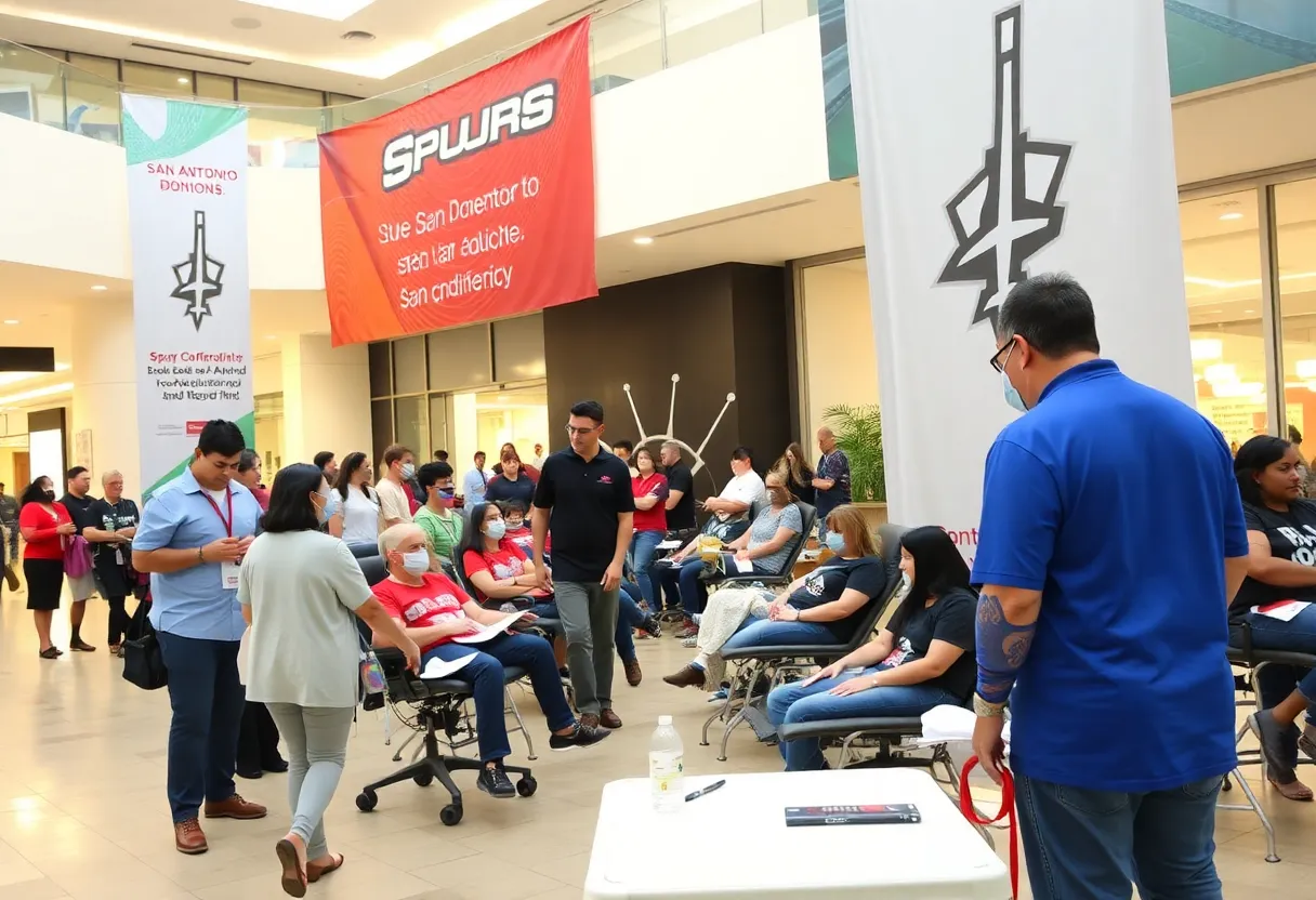 Community blood donation event with Spurs promotional banners