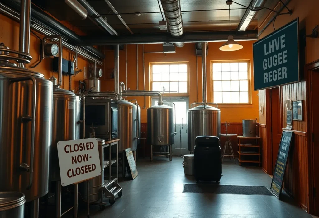 Empty craft brewery with a closure sign