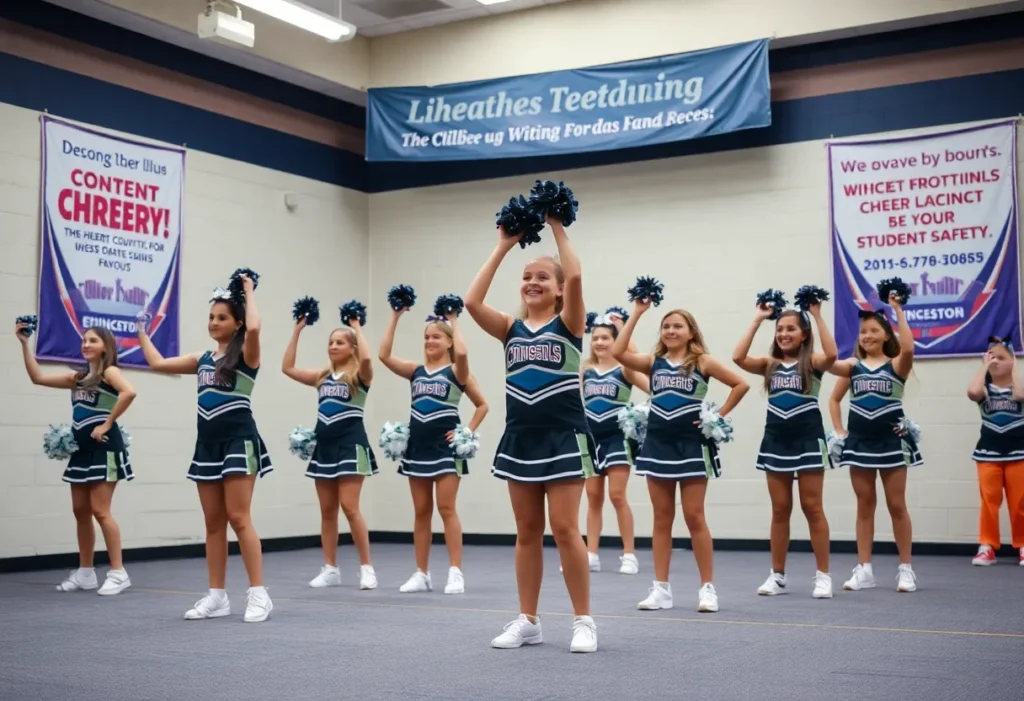 Group of cheerleaders practicing indoors