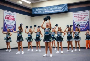 Group of cheerleaders practicing indoors