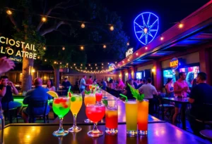 Vibrant cocktail lounge in San Antonio at night