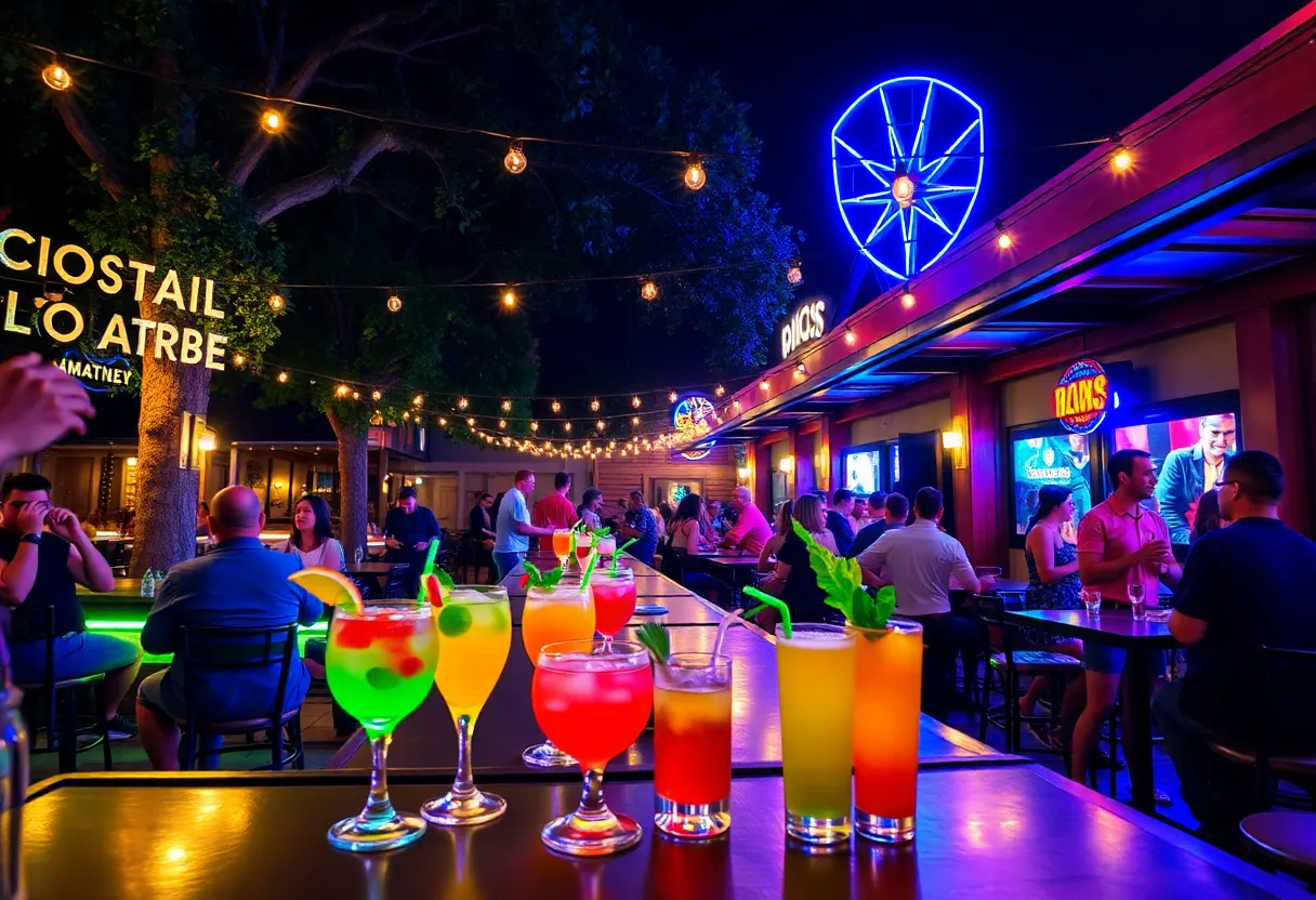 Vibrant cocktail lounge in San Antonio at night