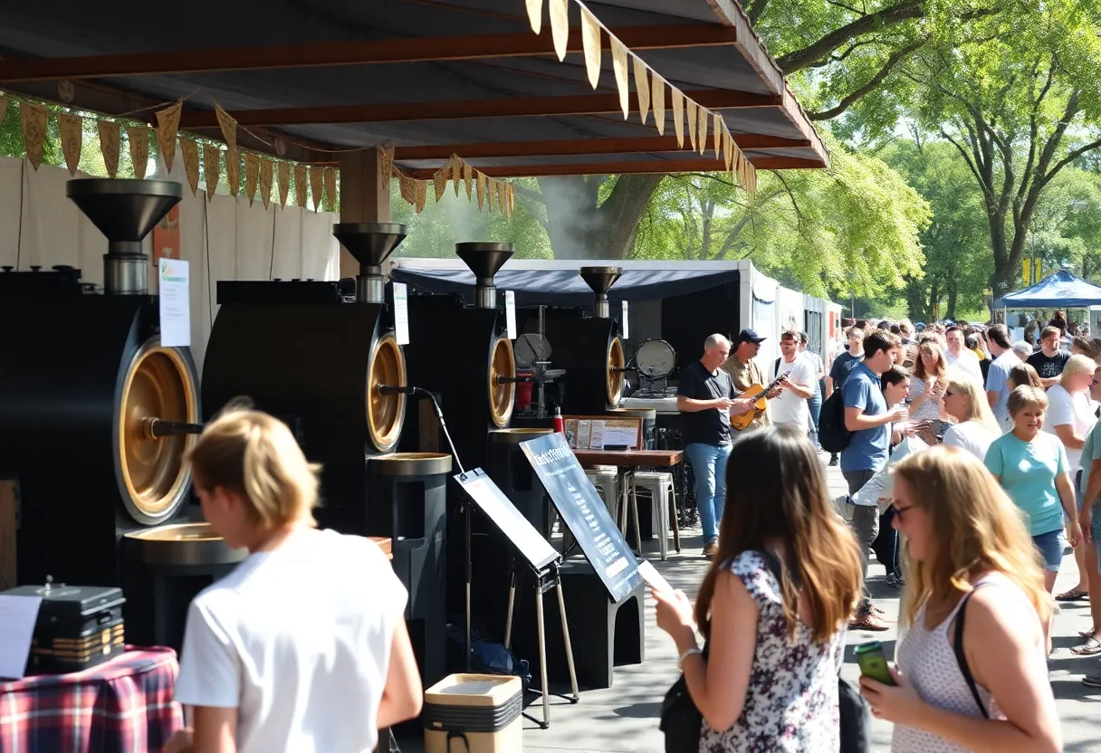Festival attendees enjoying coffee and music at the San Antonio Coffee Festival in Hemisfair.