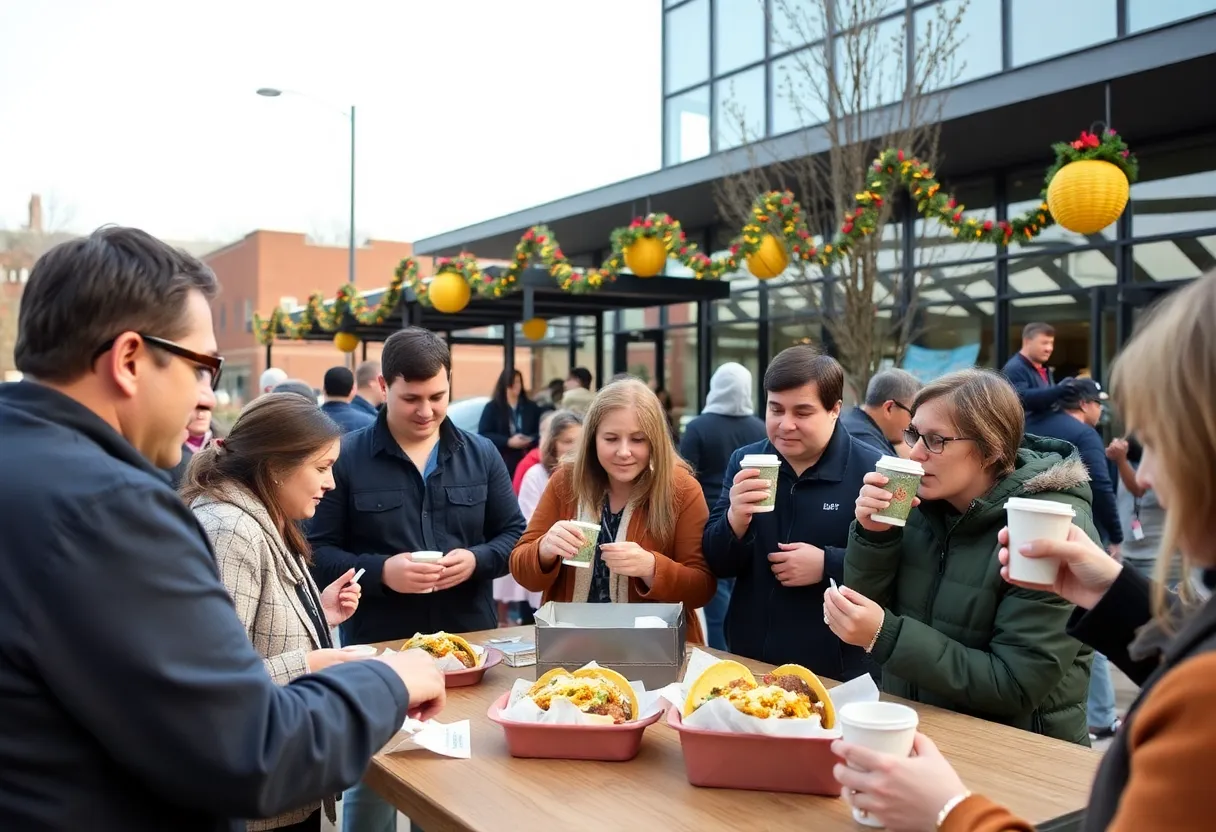 People enjoying breakfast at the San Antonio Cowboy Breakfast event.