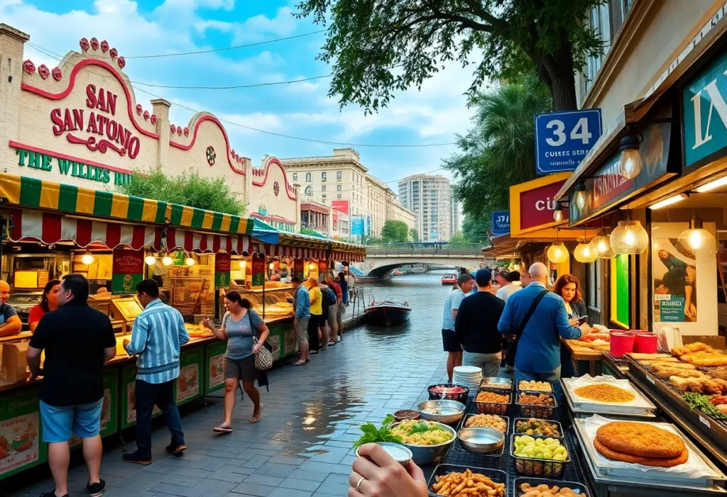 Culinary atmosphere in San Antonio featuring food stalls and people along the river walk.