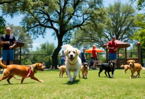 Dogs playing in a park in San Antonio, Texas