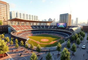 Concept art of San Antonio's new downtown ballpark with eco-friendly architecture