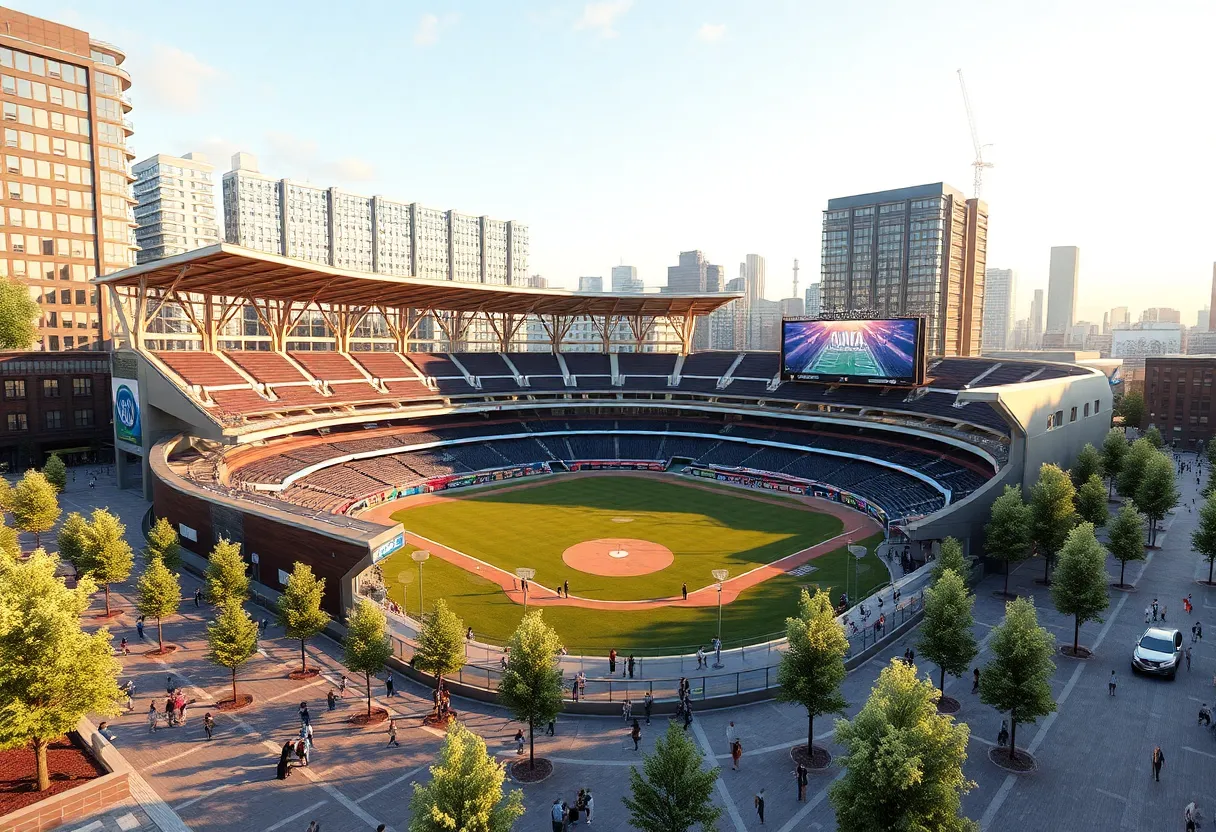 Concept art of San Antonio's new downtown ballpark with eco-friendly architecture