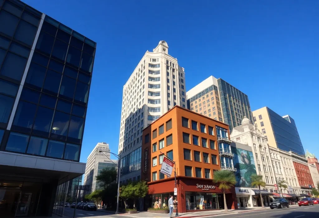 Vibrant San Antonio cityscape with small businesses represented.