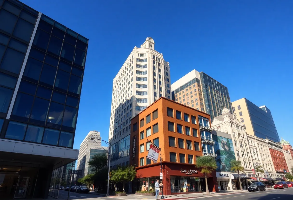 Vibrant San Antonio cityscape with small businesses represented.