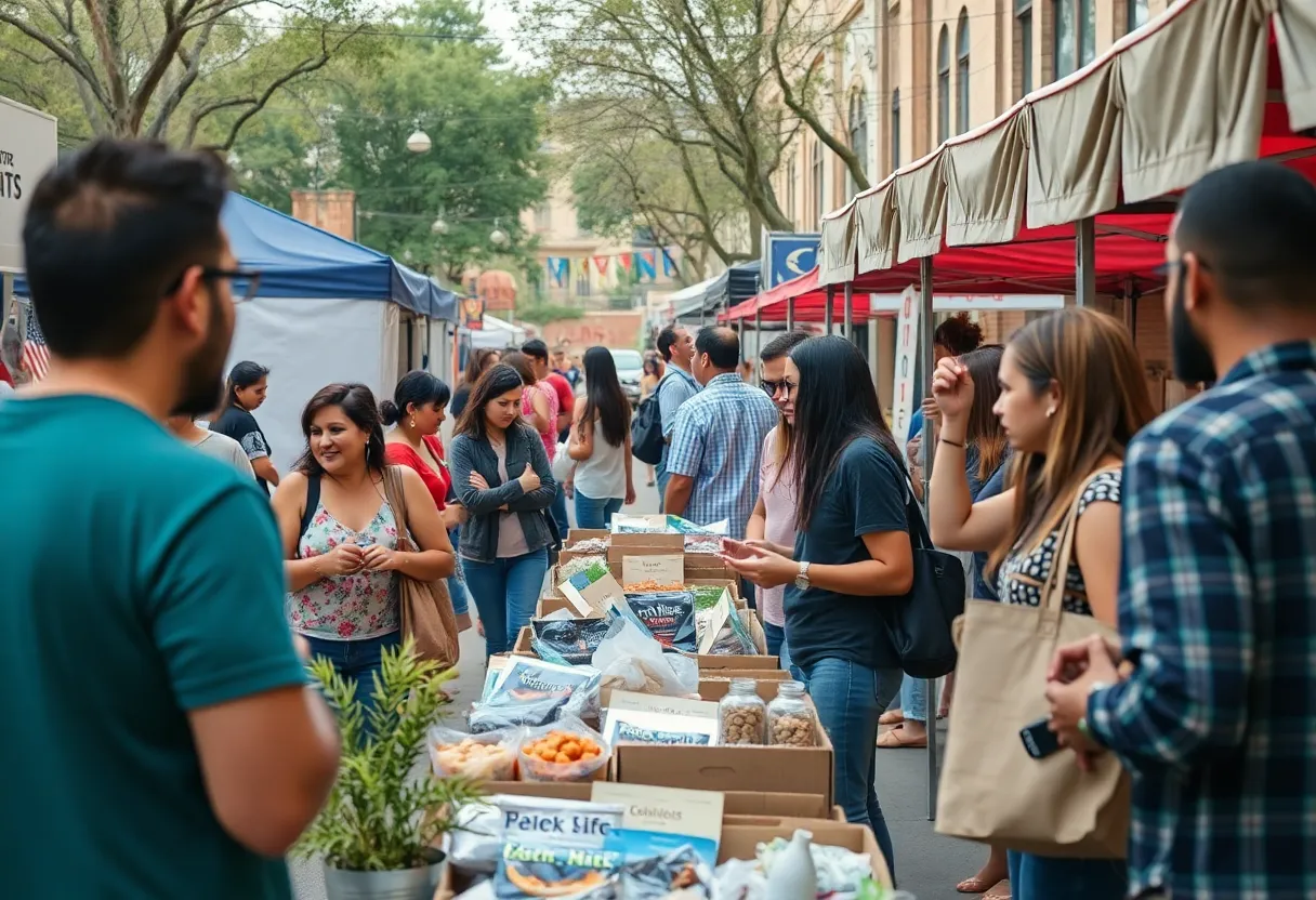 Local entrepreneurs in San Antonio engaging with the community at a market.