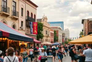 A colorful scene capturing the vibrant culture of San Antonio during community events.