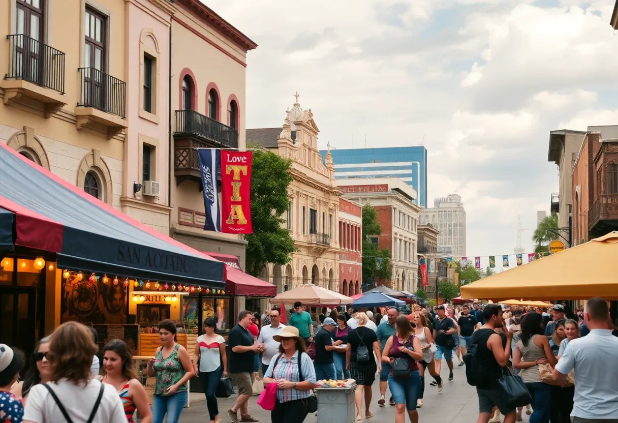 A colorful scene capturing the vibrant culture of San Antonio during community events.