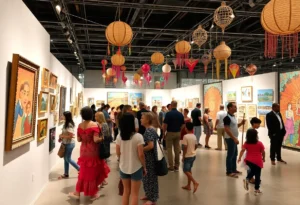 Visitors exploring artworks at the San Antonio exhibition