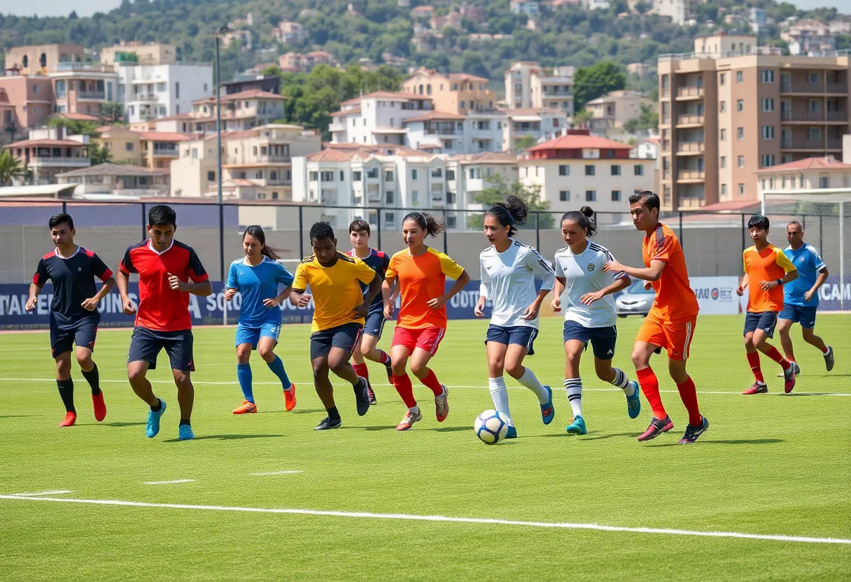 San Antonio FC players practicing during a training session on a sunny day.