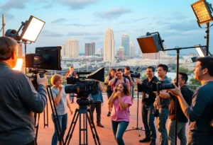 Film crew working in San Antonio setting