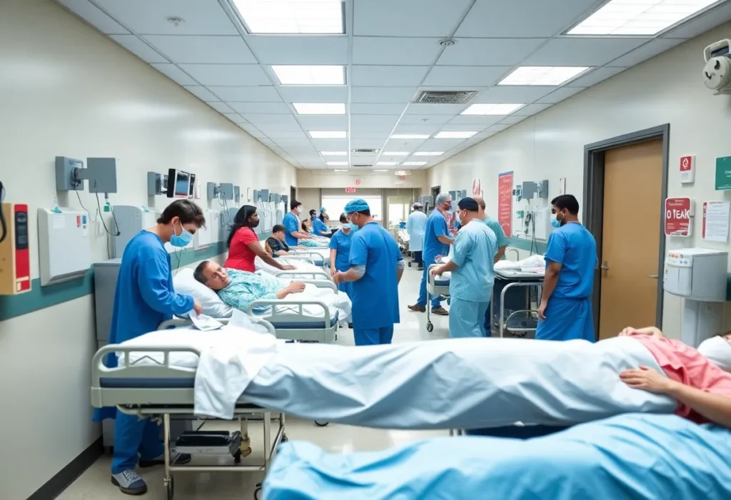 Emergency room filled with healthcare workers treating flu patients in San Antonio.