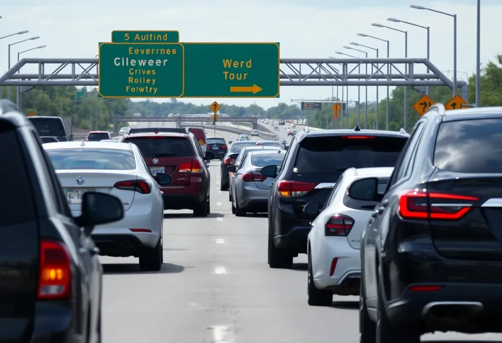 Traffic congestion on a highway in San Antonio due to a closure from a collision with road signs