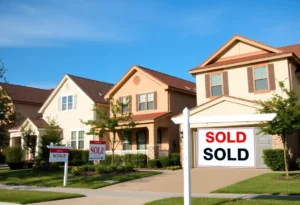A neighborhood in San Antonio with homes and a sold sign