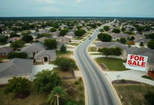 Suburban neighborhood in San Antonio with homes for sale signs