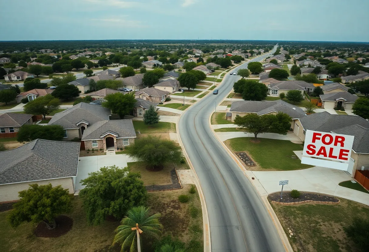 Suburban neighborhood in San Antonio with homes for sale signs