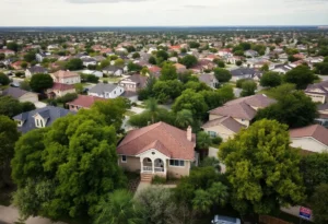Panoramic view of San Antonio homes with for sale signs