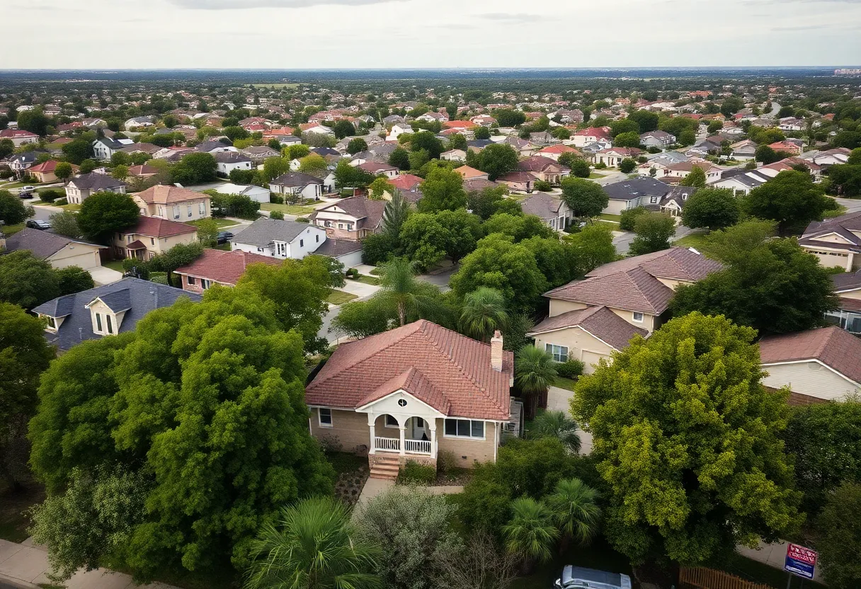 Panoramic view of San Antonio homes with for sale signs