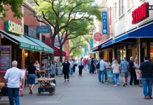 Vibrant street scene in San Antonio with new businesses