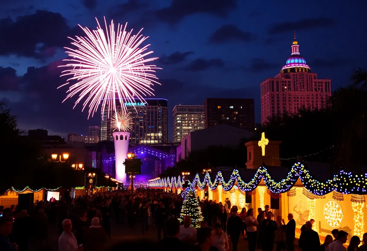 Fireworks lighting up the San Antonio skyline during New Year's Eve celebration.
