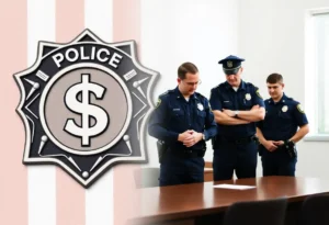Officers discussing contract negotiations with symbols of finance and law enforcement.