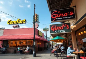 Exterior view of Comfort Cafe and Gino's Deli in San Antonio with patrons dining.