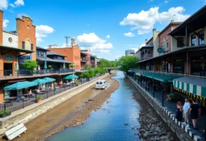 San Antonio River Walk showing drained water and local businesses during routine maintenance.