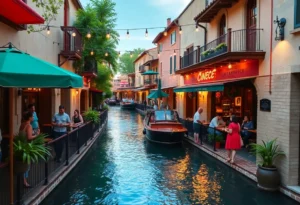 Vibrant view of San Antonio River Walk with festive decorations.
