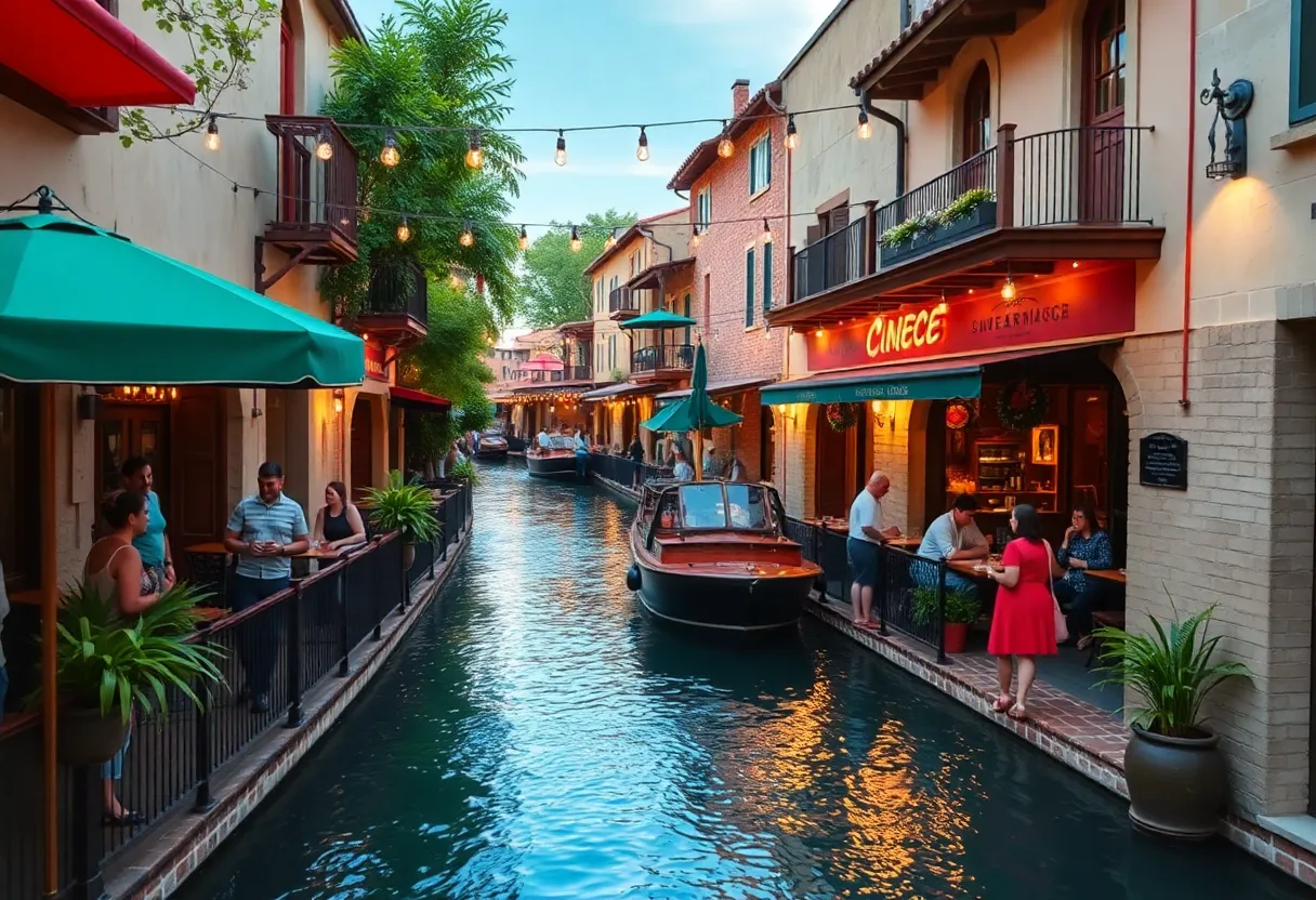 Vibrant view of San Antonio River Walk with festive decorations.