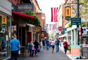 A street view of local small businesses in San Antonio, Texas.