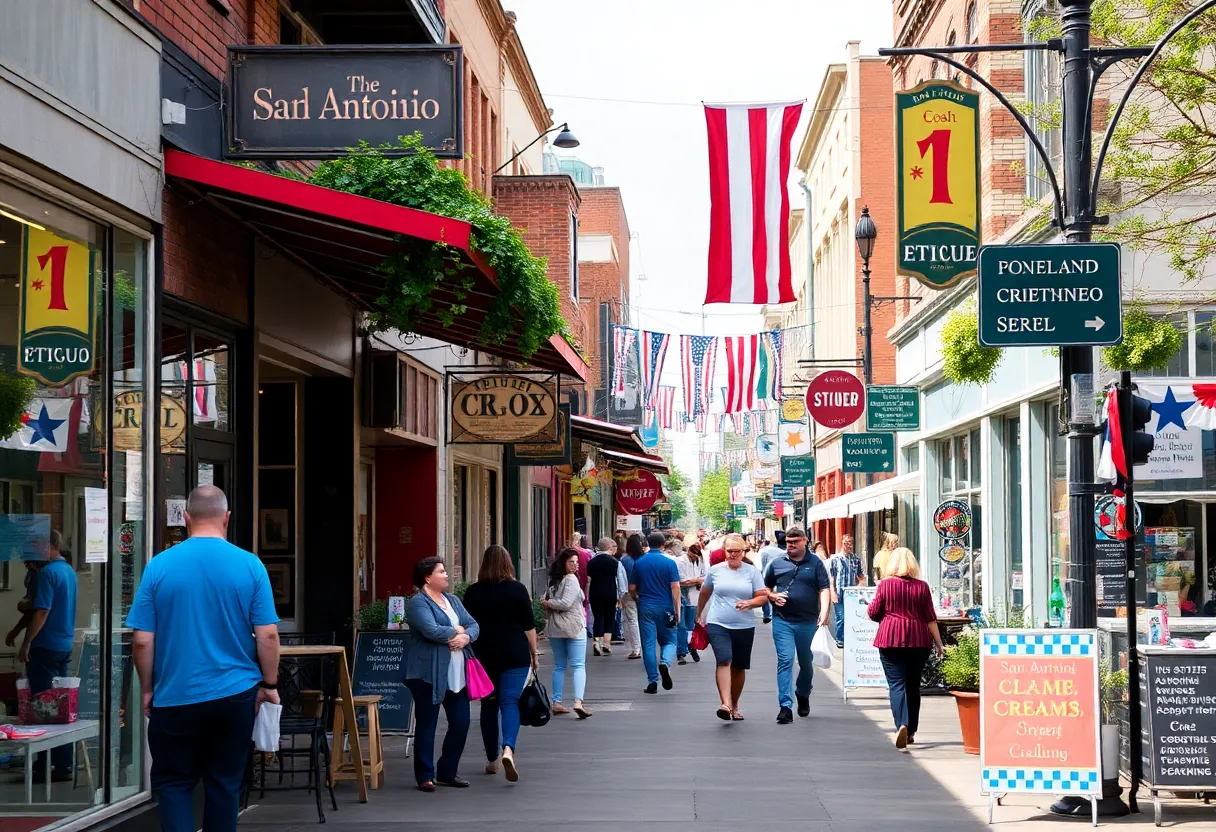 A street view of local small businesses in San Antonio, Texas.