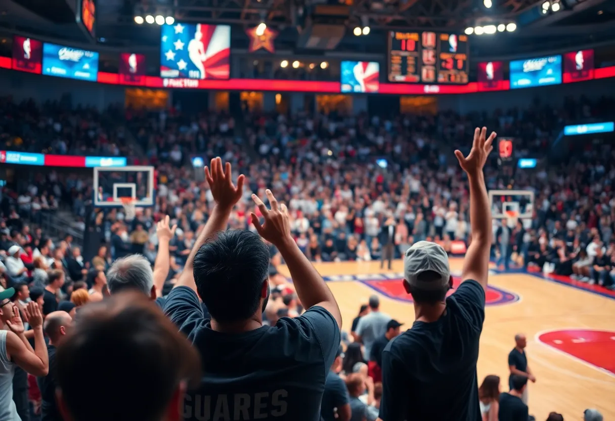 Fans cheering for the San Antonio Spurs at a basketball game