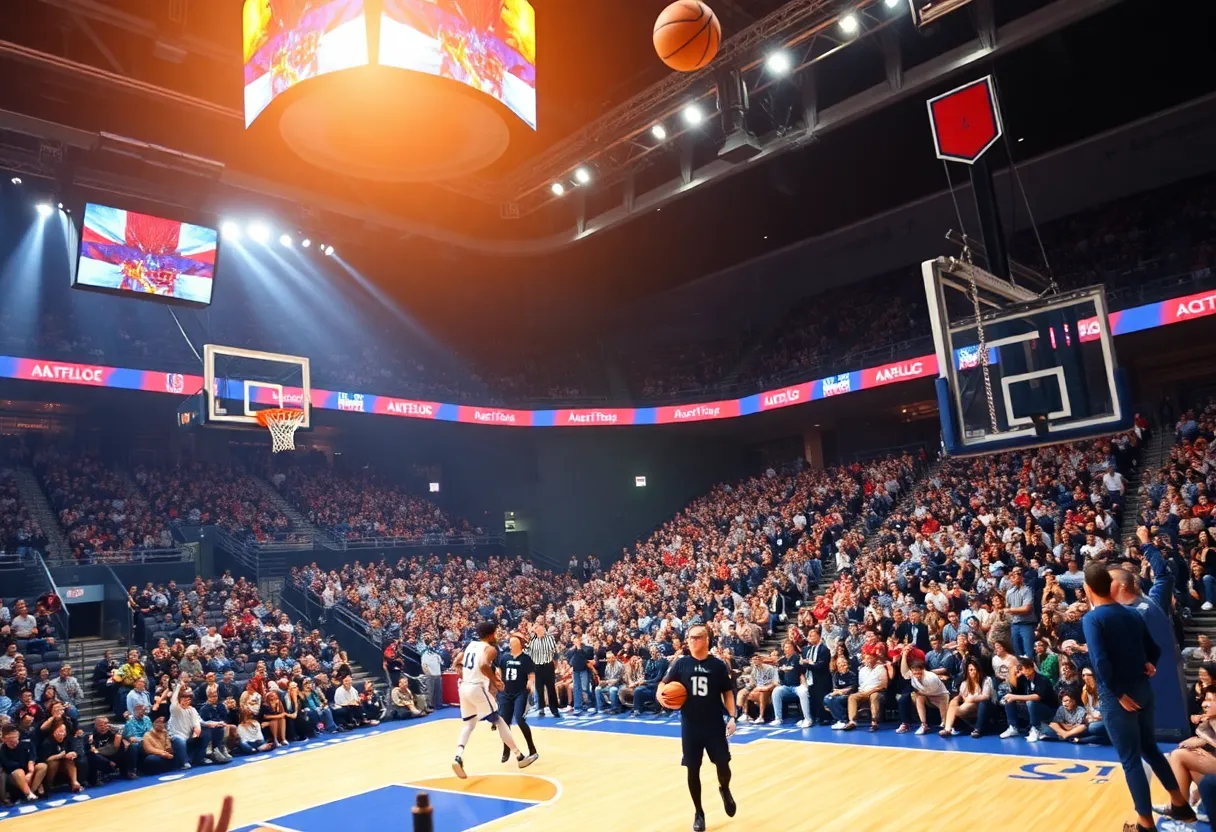 Exciting atmosphere at a San Antonio Spurs basketball game.