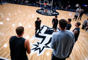San Antonio Spurs players discussing trade strategies on a basketball court