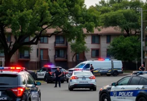 Police vehicles at a vacant apartment complex during a standoff in San Antonio.