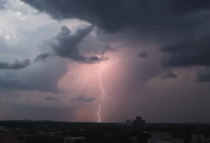 Dramatic thunderstorm clouds over San Antonio skyline