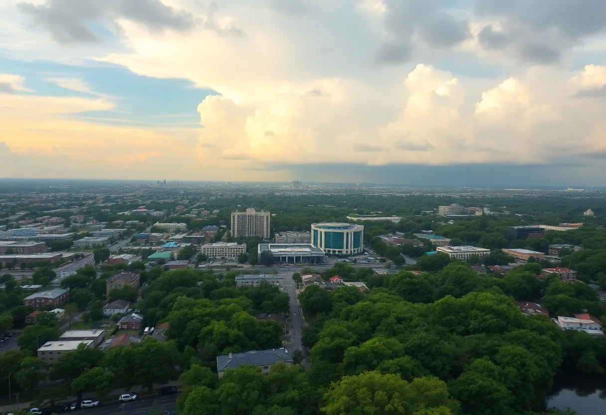 Aerial view of San Antonio showing weather effects from heat and flooding
