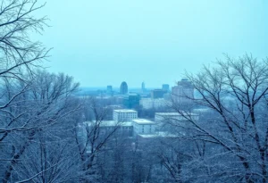 San Antonio cityscape covered in ice and snow during a winter storm