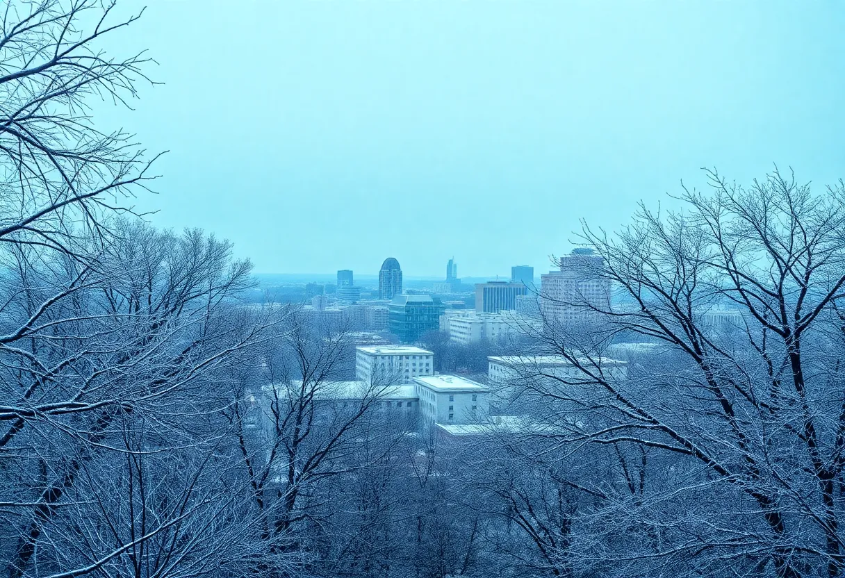 San Antonio cityscape covered in ice and snow during a winter storm