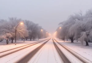 San Antonio landscape during a winter storm with ice and snow