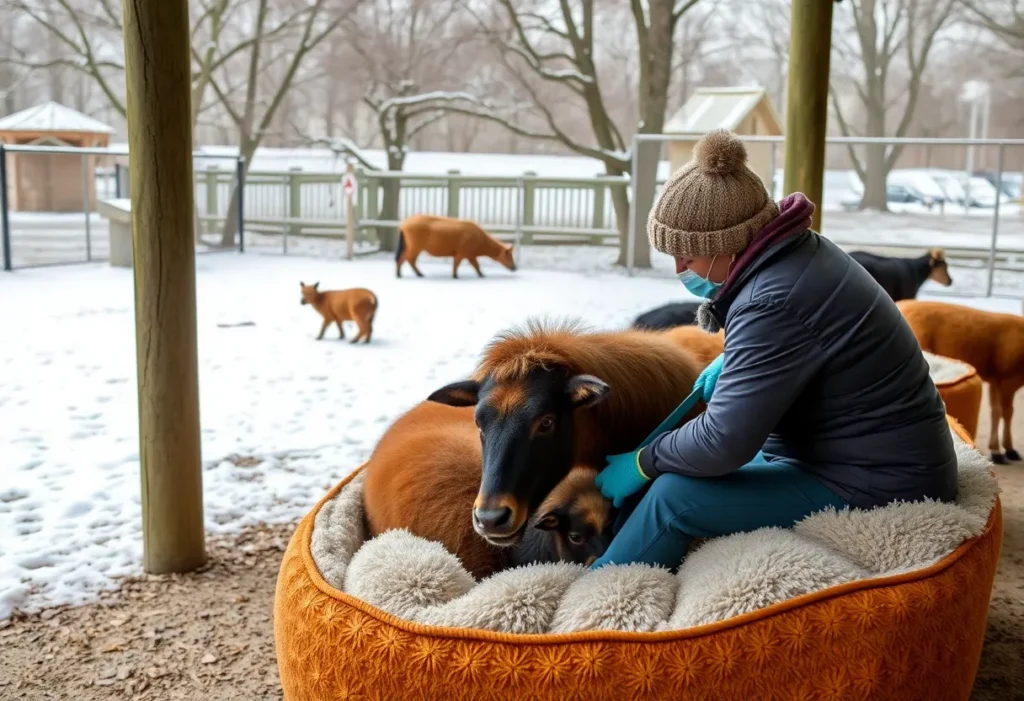 San Antonio Zoo staff providing warm bedding for animals during cold weather.