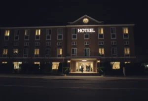 Exterior view of a quiet hotel in San Francisco at night