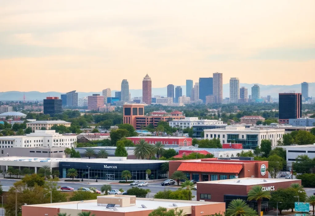 San Marcos city skyline with local businesses.